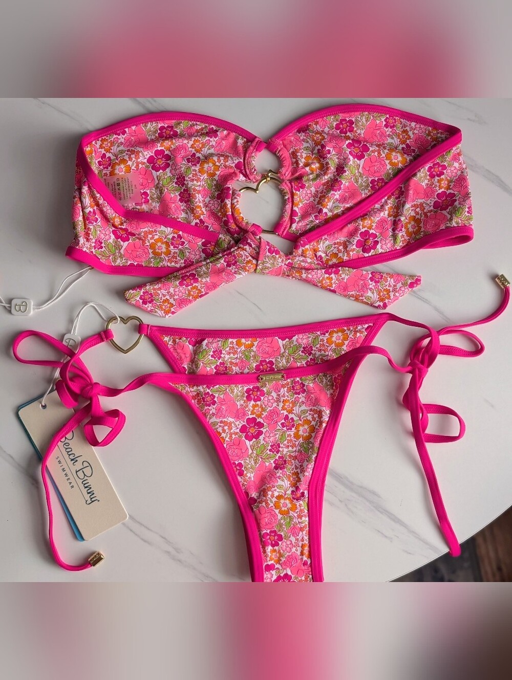 NWT Beach Bunny Ella Floral Bikini Set Pink Bandeau Heart Hardware Small